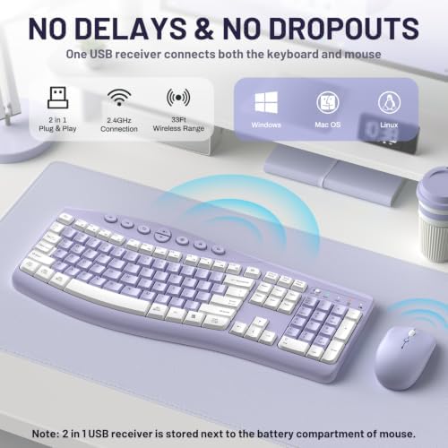 Wireless Keyboard and Mouse Combo Silent Ergonomic Curved Design for Office