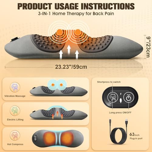 FunBy Lumbar Support Pillow,Triple Fusion Back Massager for Sciatica Gray
