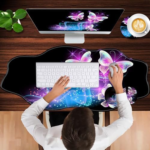 Mouse Pad with Wrist Support + Desk Mat + Coaster 3 in 1 Set, XXL Large Gaming Mousepad Ergonomic Mouse Pads for Desk Computer Laptop Office,Glowing Night Pink Butterflies