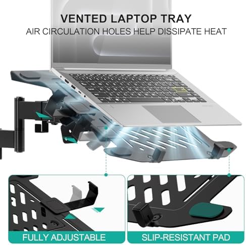 WALI Laptop Pole Mount, Adjustable Laptop Arm Holder Fits 10"-15.6" Laptops, 2-in-1 Full Motion Monitor Mount with Removable Tray, VESA 75x75 or 100x100 mm, Holds up to 15.4lbs(011ARMLPN), Black