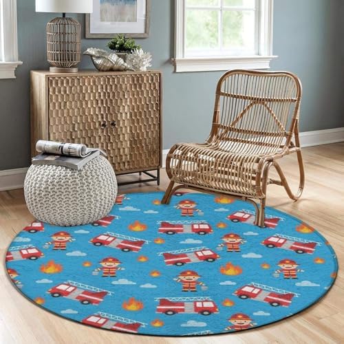 Soft Round Yoga Carpet, Office Chair Decor Round Mat for Carpet and Hardwood Floors Red Fire Truck Cartoon, 36inch