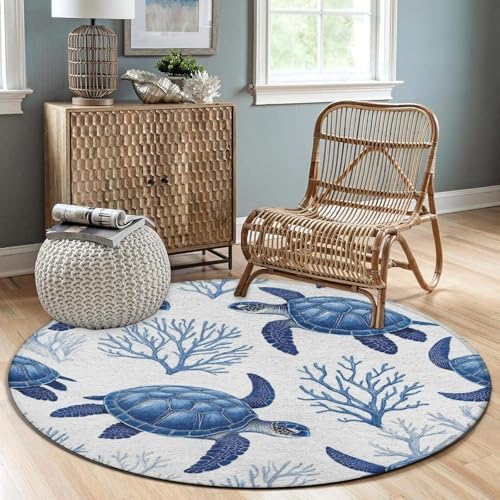 Fashion Round Area Rug Large Non Slip Carpet, Sea Turtle Grass Natural Watercolor Unisex Home Decor Mat