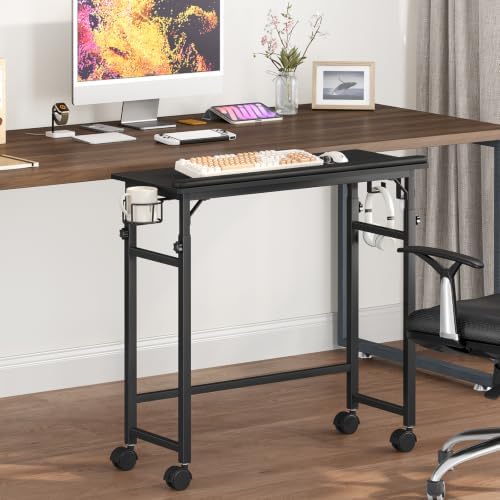 Snughome Mobile Keyboard Tray with Wrist Rest, Wire Cup Holder & 2 Hooks, Height Adjustable 27.5"-41.7", Rolling Keyboard Standing Desk with Lockable Casters for Home Office (Black)