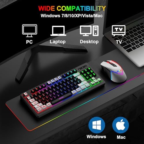 BlueFinger Wireless Gaming Keyboard and Mouse Combo, RGB Rainbow Backlit Rechargeable Battery, 87 Keys TKL Light Up Keyboard with Ergonomic Gaming Mouse for Mac Laptop Computer PC Gamer(White & Black)