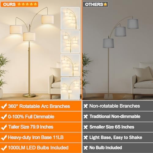 Dimmable Floor Lamp, 3 Lights Brass Arc Floor Lamp, Modern Tall Standing Tree Lamp with Beige Linen Shades & Heavy Base, 3000LM LED Bulbs, Bright Lighting for Living Room, Bedroom, Office & Reading
