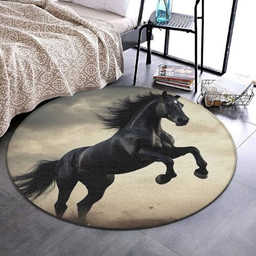 Large Home Decor Mat, Soft Round Yoga Carpet, Non Slip Machine Washable Kitchen Office Circle Rug Horse Black