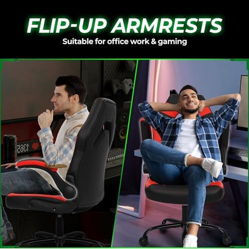 N-GEN GAMING Video Gaming Chair Ergonomic Office Desk Chair with Lumbar Support Adjustable Height Padded Flip Up Arms and Swivel Wheels Racing Style Design for Adults with PU Leather (Red)