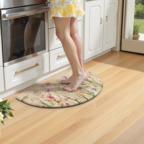 KIMODE Kitchen Mat Cushioned Anti Fatigue, Half Moon Floral Kitchen Rug