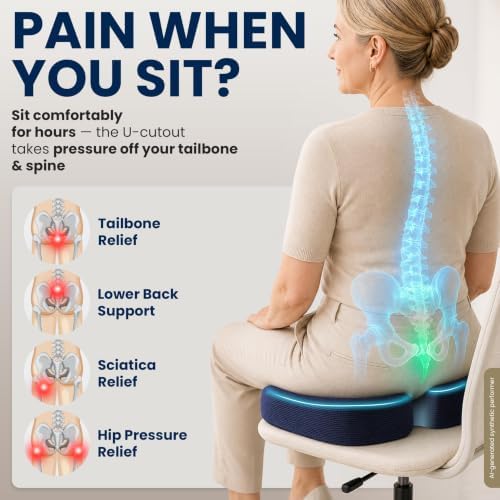 5 STARS UNITED Seat Cushion - Memory Foam Chair Cushion for Tailbone Pain Relief - Ergonomic Support for Coccyx, Sciatica & Butt - Office, Desk & Gaming Chair, Car Seat, Wheelchair, Airplane, Blue