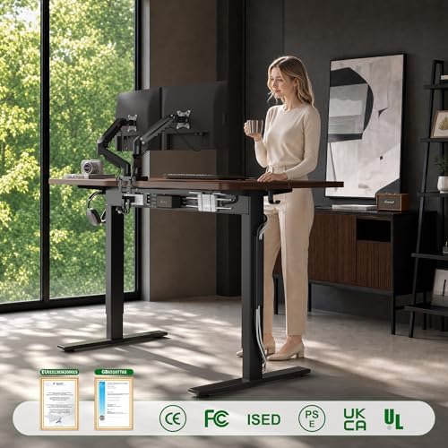 FEZIBO Electric Standing Desk with L-Shaped Crossbar & Cable Management System, 40 x 24 Inches Sit Stand up Desk, Adjustable Height Standing Desk for Home Office, Black Walnut