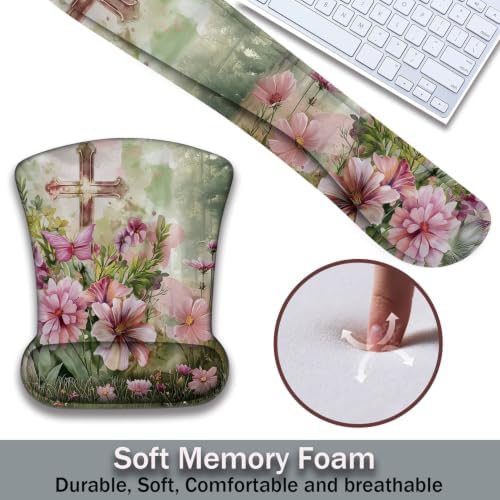 Ergonomic Keyboard Wrist Rest & Mouse Wrist Support Set with Lace Coaster, Gel Memory Foam Anti-Slip Base, Pain Relief for Typing, Cross Flowers