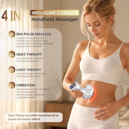 Lymphatic Drainage Massager & Anti-Cellulite Massage Tool, Body Sculpting Device for Legs, Arms, Stomach & Hips Promotes Smoother, Firmer-Looking Skin, with Gentle Warming & Soothing Vibration ,Silver
