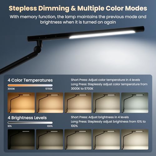 Pak LED Desk Lamp with Clamp, 18W Dual Light Architect Desk Light, Adjustable Swing Arm RGB Light Sensor Switch, Eye-Caring 4 Modes Stepless Dimming Table Lamp for Home Office Reading Study Gaming