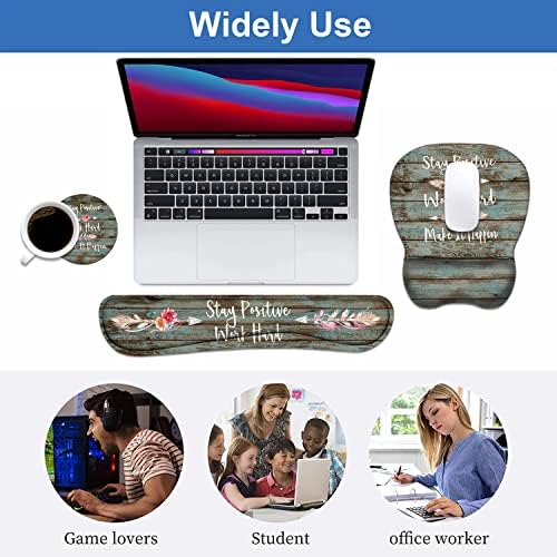 Mouse Pad Wrist Support and Keyboard Wrist Rest Set with Coasters, Inspirational Quote Stay Positive Work Hard and Make It Happen Non-Slip PU Base Ergonomic Mousepad for Home Office Working Studying
