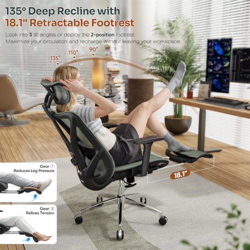 GABRYLLY Ergonomic Office Chair with Adjustable Lumbar Support, 3D Armrests & Headrest, 135° Reclining Chair with Footrest & Large Steel Base,300LBS Swivel Desk Chair(GYMN01-JG)