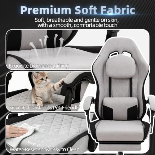 Gaming Chair for Adults, Fabric Gaming Chair with Footrest and Pocket Spring Cushion, Ergonomic Gamer Chair with Lumbar Support, Reclining Computer Gaming Chair with High Back, Grey