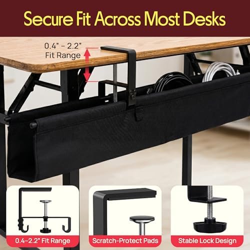 Pyle 48" Under Desk Cable Management Tray, Under Desk Wire Organizer with Clamp or Screw Mount, Desk Cable Organizer with Fabric Design for Large Workstations, Built-in Ties, 20 lb Capacity, Black