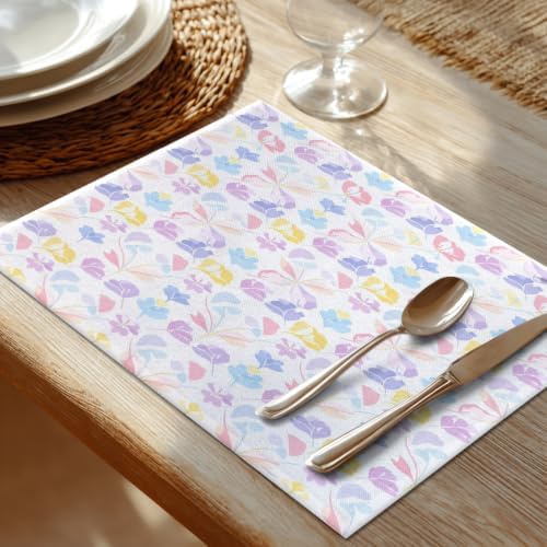 Shrahala Pastel Seamless Floral Set of 6 12 X 18 Inch Linen Placemats, Abstract Geometric Blossom Burlap Table Mat Washable Double Layered Heat Insulation for Indoor