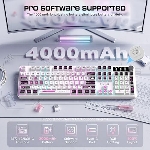 Redragon RM104 Wireless Gaming Keyboard with Knob, Tri-Mode BT/2.4G/USB-C RGB Computer Keyboards, 4000mAh Battery, Programmable Software Support, Anti-Ghosting, Compatible with PC Mac - Pink & White