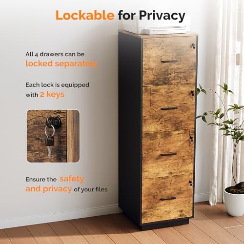 VINGLI 4 Drawer File Cabinet with Lock, Home Office Filing Organizer, for Letter Size File Folder Storage, Wood Tall Vertical Filing Cabinet, Printer Stand, Archivador (Rustic Brown)