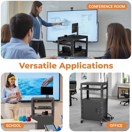 Mobile AV Cart with Side Shelves, Rolling Computer Cart Height Adjustable Rolling Media Utility Cart with Pullout Keyboard Tray Extra Storage Space, 4 Outlets, Perfect for Home or Office Use