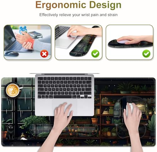 Aesthetic Green Plant Books Mouse Pad with Wrist Support 4 in1 Set, XXL Big Game Mousepad + Keyboard Wrist Rest + Mouse Wrist Rest Pad +Coaster Gaming Mat for Work Study I Japanese Anime Lofi Cat