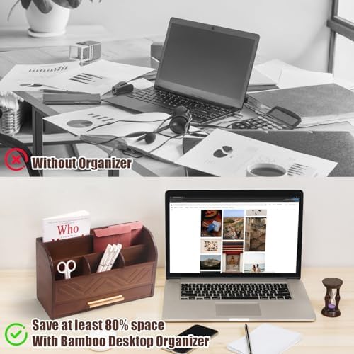 Brown Desktop Organizer with Drawer Storage, White Desk Organizer Mail Holder Mail Organizer Countertop Pen Holder Letter Sorter Make up Organizer for School Home Office Supplies