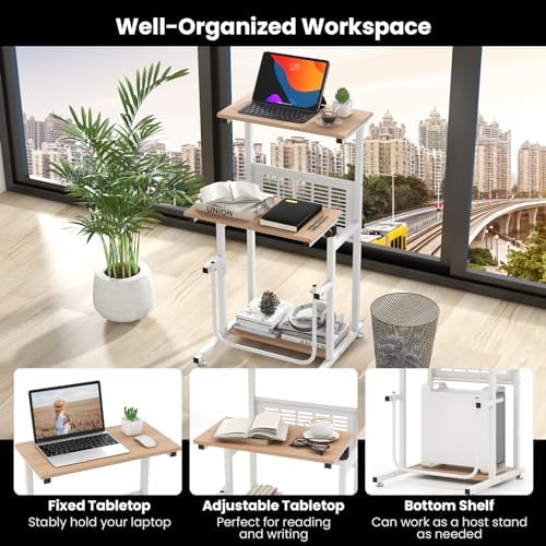Tangkula Small Standing Desk, Height Adjustable Teacher Podium Stand, Compact Standing Table Lectern Podium, Laptop Desk with Footrest, Suitable for Sitting or Standing
