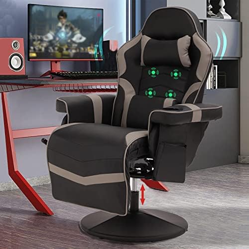 LVUYOYO Reclining Gaming Chair, Gaming Chair with Footrest and Massage, High Back PU Leather Gaming Recliner w/Adjustable Height, Swivel Game Chair with Lumbar Support, Cup Holder, Headrest