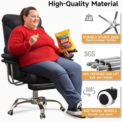 Big and Tall Office Chair 550 lbs Extra Wide Leather Executive Chair with Retractable Footrest, Heavy-Duty Ergonomic Chair, Adjustable Height Computer Gaming Chairs