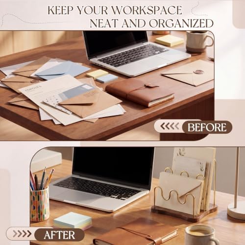 SiliFine 3-Slot Mail Organizer for Countertop, Metal Desktop, Brown,Gold