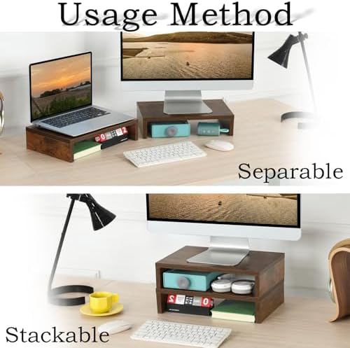 TEAMIX 2-Pack Wood Monitor Riser, Desk Stand for 2 Monitors, Rustic Brown