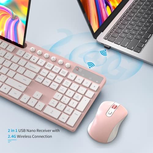 MARVO Wirelss Keyboard and Mouse Combo with Phone Holder, Full-Size, Pink