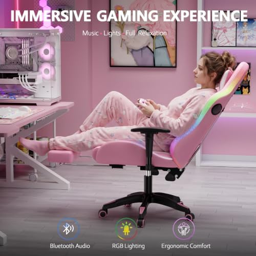 Mr IRONSTONE RGB Gaming Chair with Bluetooth Speakers, Multi-Point Vibration Massage Gaming Chair (Seat, Back & Lumbar), Ergonomic High Back Recliner, Footrest for Adults, Iridescent Pink
