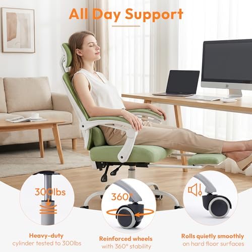 Home Office Desk Chair, Comfortable Mesh Chair with Foot Rest, Light Green