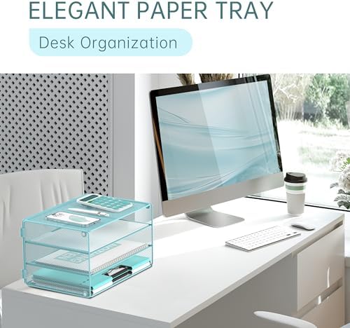 DALTACK 3 Tier Letter Tray Paper Organizer with Sliding Mesh Trays Blue