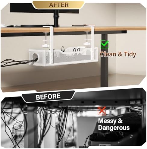 [Upgraded] 2 Pack Under Desk Cable Management Tray, Cinati Cord Organizers for Table Thickness up to 3", 16" Wire Organization with Clamp No Drill, Cable Management Box for Office - No Damage to Desk