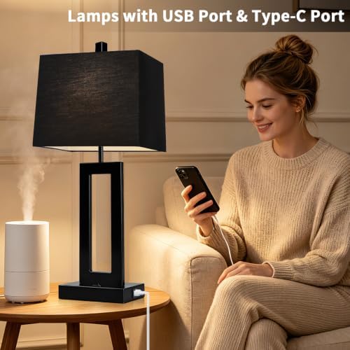 Cinkeda Black Bedside Table Lamp Set of 2, Nightstand Lamps with USB Ports