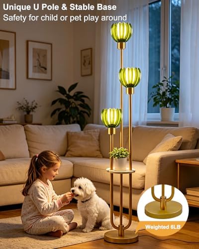 Lightdot Lotus Glass Floor Lamp with Shelf Green Flower Gold Floor Lamps
