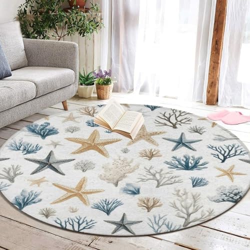 Men's Large Home Decor Mat, Soft Round Yoga Carpet, Non Slip Machine Washable Home Office Circle Rug Coral Seashell Starfish
