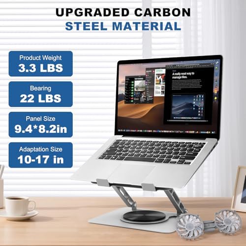 Laptop Cooling Stand with 2 Detachable Fans, 360° Rotating Adjustable Laptop Stand, Carbon Steel Ergonomic Laptop Riser, Anti-Slip Base for 10-17.3" Notebook MacBook, Office Home Gaming