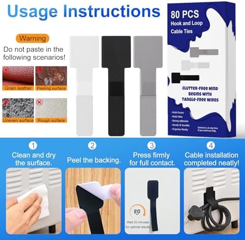 80 PCS Hook and Loop Cable Ties, Self Adhesive Cable Management Strap