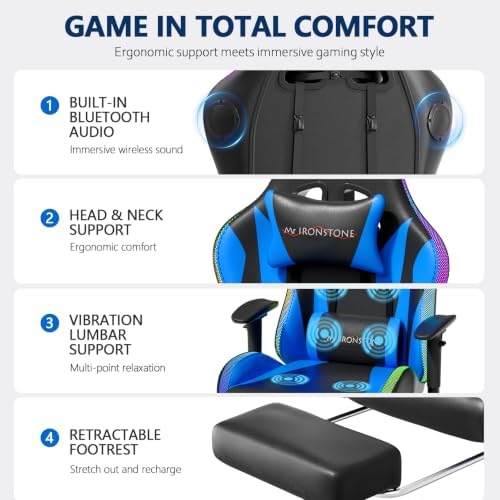 Mr IRONSTONE RGB Gaming Chair with Bluetooth Speakers, Multi-Point Vibration Massage Gaming Chair (Seat, Back & Lumbar), Ergonomic High Back Recliner, Footrest for Adults, Iridescent Blue