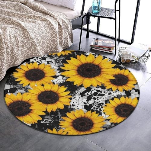 Highly Premium Quality Floor Mat, Office Chair Decor Mat, Room Sofa Yoga Soft Round Carpet 80s Vintage Cow Print Sunflowers, 60inch