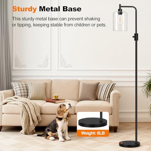 【Upgraded】 Dimmable Floor Lamp for Living Room with Clear Glass Lampshade, Black Modern Glass Floor Lamp with 900LM LED Bulb Included, Arc Standing Tall Lamp for Bedroom, Office, Reading Room, Corner