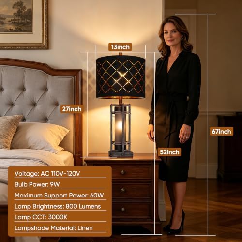 WIHTU 27'' Modern Table Lamp with Nightlight, Metal Bedside Lamps,Black ORB
