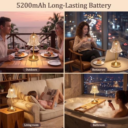 Cordless Table Lamp, Rechargeable Clear Glass Tulip Flower Touch Lamp
