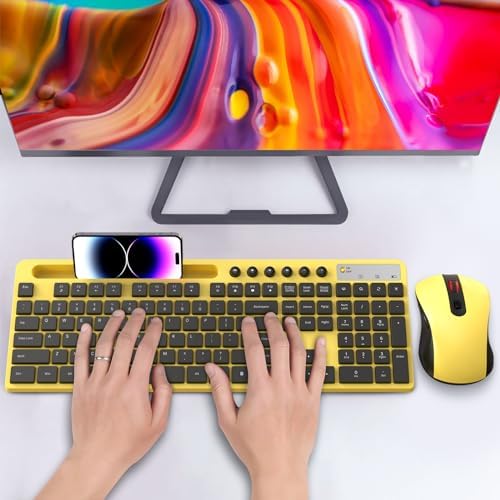 MARVO Wirelss Keyboard and Mouse Combo with Phone Holder, Full-Size, Yellow