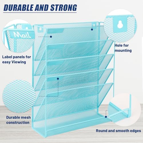 EASEPRES Desk File Organizer Mesh 6-Tier, Hanging Wall Mount Document Organization Stand, Desktop Vertical Mail Paper Folder Holder Rack with Bottom Tray for Office Home Cubicle Countertop, Blue