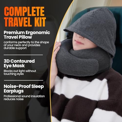 LOEXAIR™ Hooded Pro Travel Pillow - Memory Foam Neck Support Pillow for Airplane, Flight - Super-Soft Pure Cotton Fabric, Maximum Privacy & Light-Block Design, Lightweight Full Travel Kit - Dark Grey